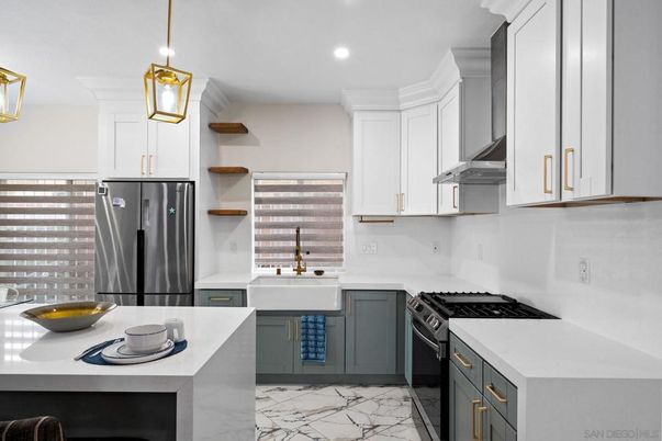 Interior, Kitchen, Marble, Pendant Lights, Recessed Lighting, Stainless Steel Appliances