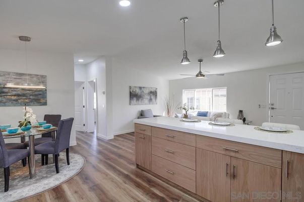 Dining room, Interior, Pendant Lights, Recessed Lighting, Wood Texture Flooring