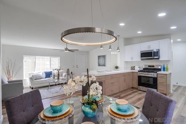 Dining room, Interior, Kitchen, Living room, Pendant Lights, Recessed Lighting, Stainless Steel Appliances, Wood Texture Flooring