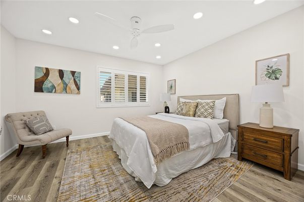 Bedroom, Interior, Recessed Lighting, Wood Texture Flooring
