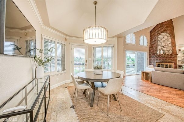 Dining room, Fireplace, Interior, Living room, Pendant Lights, Stone Walls, Wood Texture Flooring