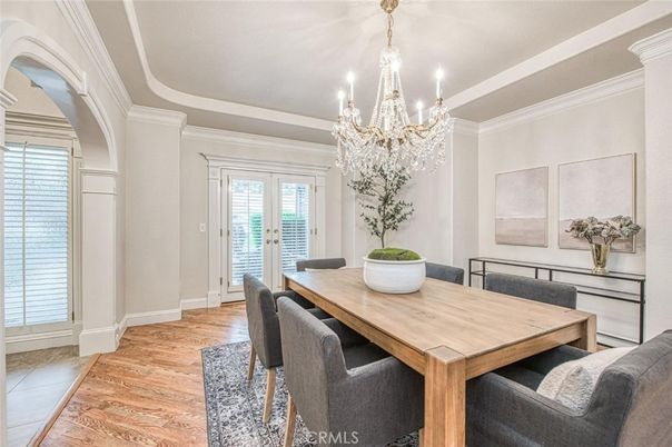 Chandelier, Dining room, Interior, Wood Texture Flooring