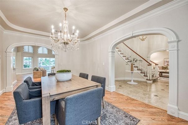 Chandelier, Dining room, Interior, Wood Texture Flooring