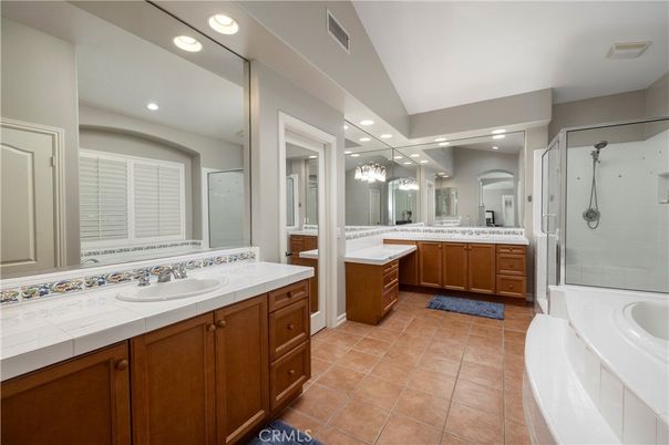 Bathroom, Dual Sink Vanities, Glass Shower, Interior, Recessed Lighting, Tile Countertops