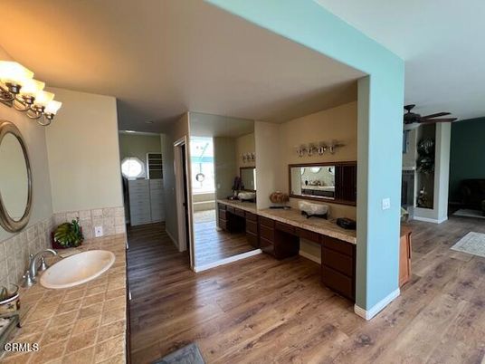 Bathroom, Dual Sink Vanities, Interior, Tile Countertops, Wood Texture Flooring