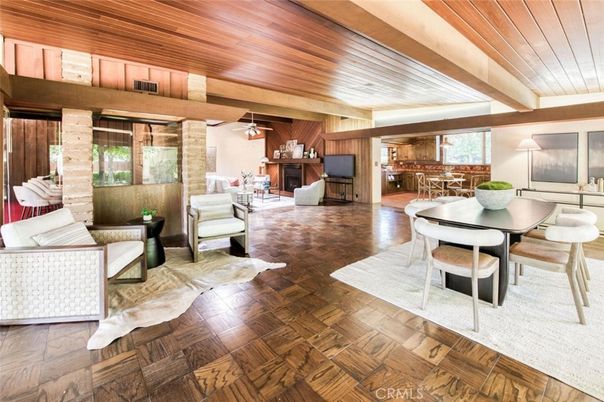 Dining room, Interior, Living room, Pendant Lights, Stone Walls, Wooden Beams, Wooden Ceilings, Wood Texture Flooring, Wooden Walls