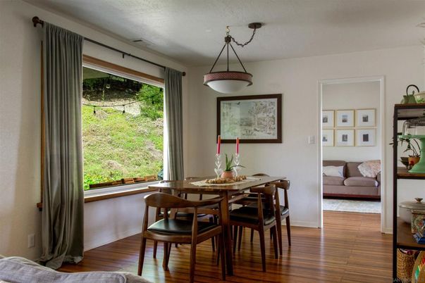 Dining room, Interior, Pendant Lights, Wood Texture Flooring