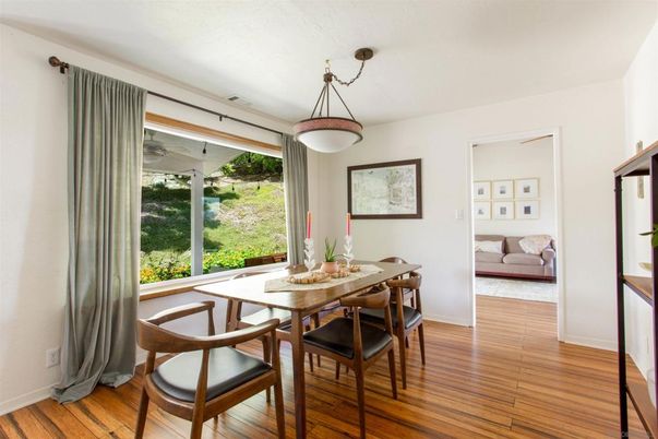 Dining room, Interior, Pendant Lights, Wood Texture Flooring