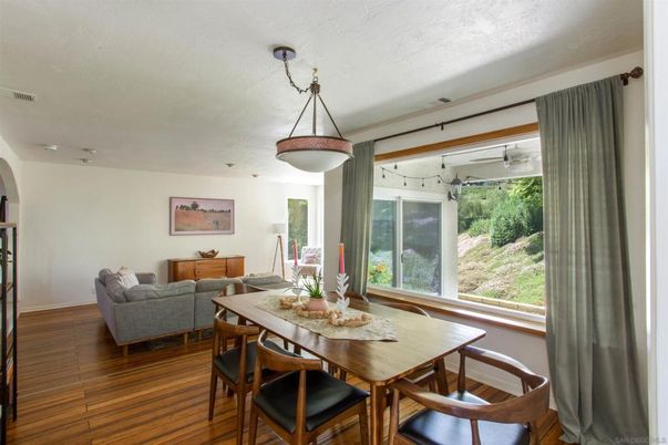 Dining room, Interior, Pendant Lights, Wood Texture Flooring
