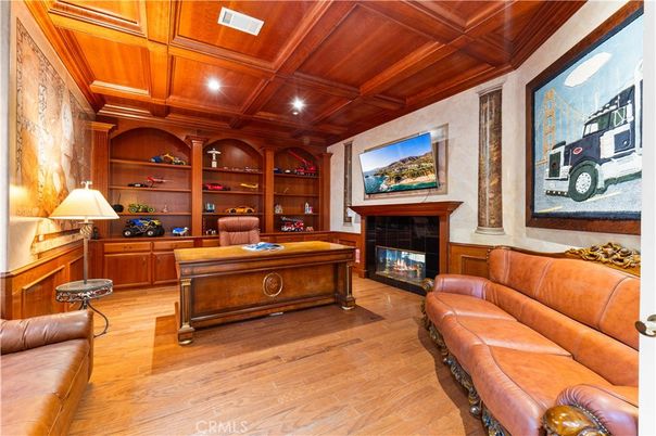 Fireplace, Home Office, Interior, Living room, Recessed Lighting, Wooden Beams, Wooden Ceilings, Wood Texture Flooring