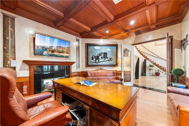 Fireplace, Home Office, Interior, Living room, Recessed Lighting, Wooden Beams, Wooden Ceilings, Wood Texture Flooring