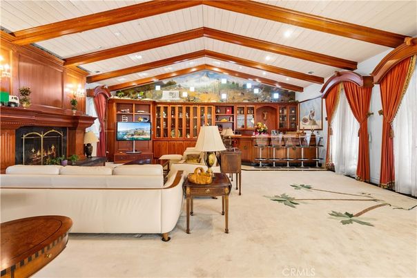 Fireplace, Interior, Living room, Recessed Lighting, Wooden Beams