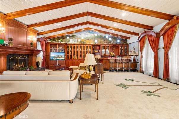 Fireplace, Interior, Living room, Recessed Lighting, Wooden Beams