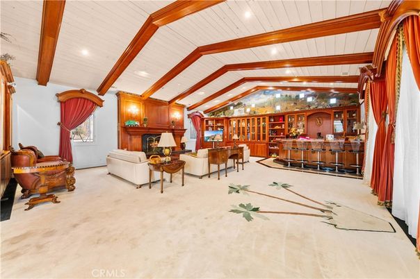 Fireplace, Interior, Living room, Recessed Lighting, Wooden Beams