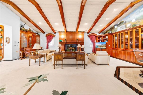 Fireplace, Home Office, Interior, Living room, Recessed Lighting, Wooden Beams