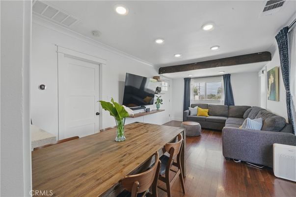 Dining room, Interior, Living room, Recessed Lighting, Wood Texture Flooring