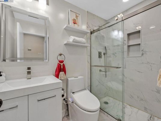 Bathroom, Glass Shower, Interior, Marble Walls, Recessed Lighting