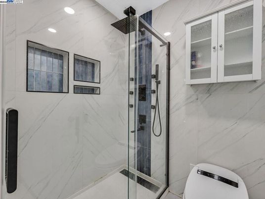 Bathroom, Glass Shower, Interior, Marble Walls, Recessed Lighting