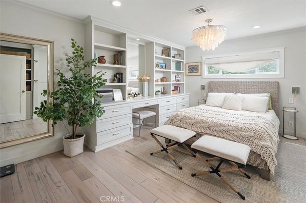 Bedroom, Chandelier, Home Office, Interior, Recessed Lighting, Wood Texture Flooring