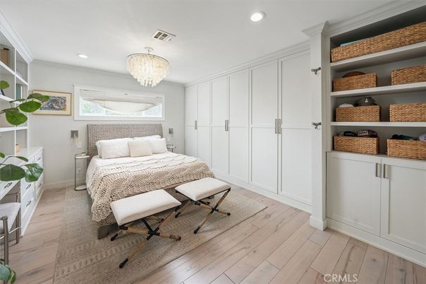 Bedroom, Chandelier, Interior, Recessed Lighting, Wood Texture Flooring