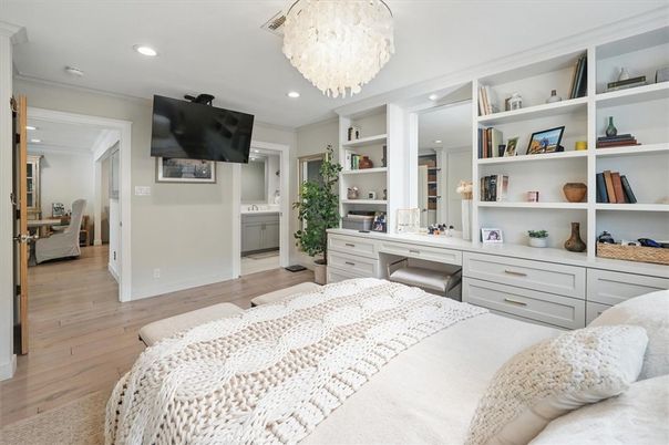 Bedroom, Chandelier, Interior, Recessed Lighting, Wood Texture Flooring