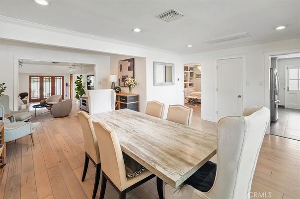 Dining room, Interior, Living room, Recessed Lighting, Wood Texture Flooring