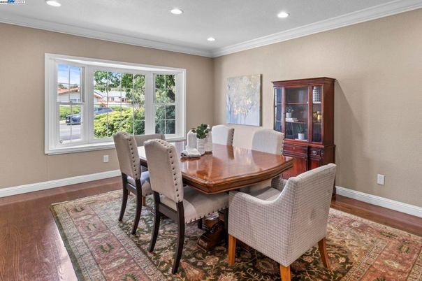 Dining room, Interior, Recessed Lighting, Wood Texture Flooring