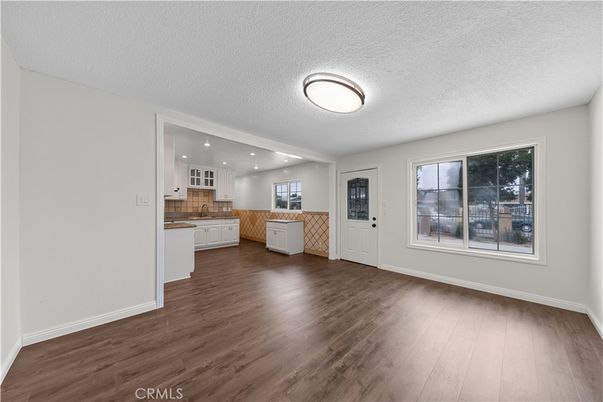Empty room, Interior, Kitchen, Recessed Lighting, Wood Texture Flooring