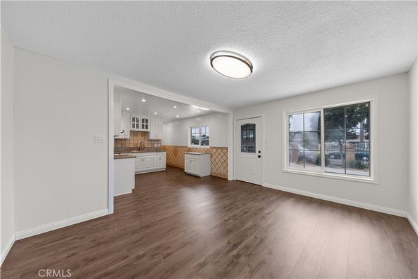 Empty room, Interior, Kitchen, Recessed Lighting, Wood Texture Flooring
