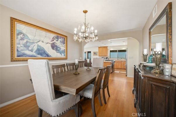 Chandelier, Dining room, Interior, Kitchen, Recessed Lighting, Wood Texture Flooring