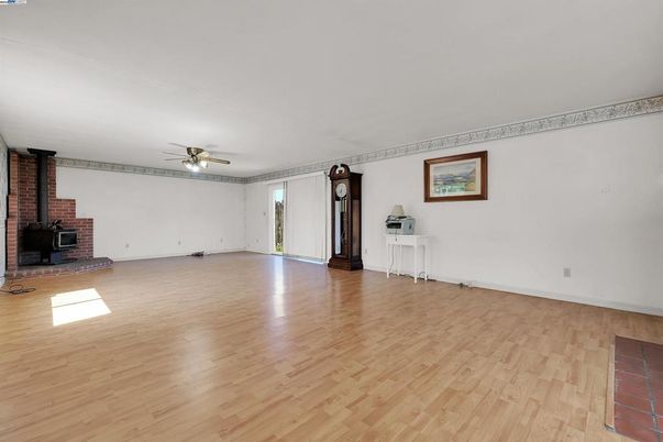 Empty room, Fireplace, Interior, Stone Walls, Wood Texture Flooring