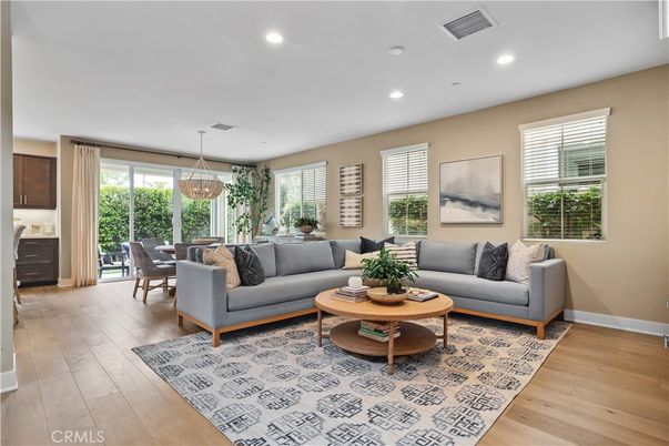 Dining room, Interior, Living room, Pendant Lights, Recessed Lighting, Wood Texture Flooring