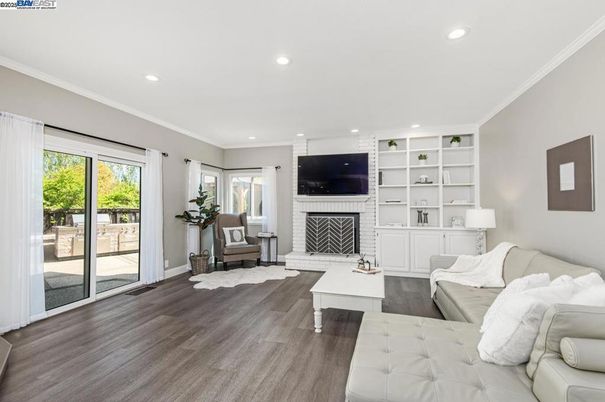 Fireplace, Interior, Living room, Recessed Lighting, Wood Texture Flooring