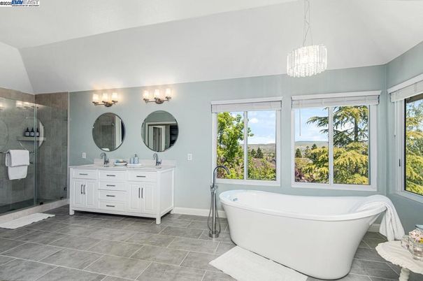 Bathroom, Dual Sink Vanities, Free Standing Baths, Glass Shower, Interior, Pendant Lights