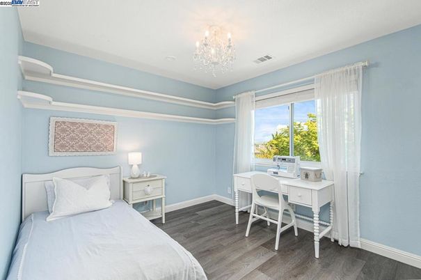 Bedroom, Chandelier, Home Office, Interior, Wood Texture Flooring