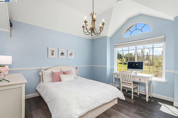 Bedroom, Chandelier, Home Office, Interior, Wood Texture Flooring