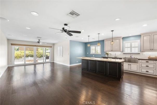 Empty room, Interior, Kitchen, Pendant Lights, Recessed Lighting, Wood Texture Flooring