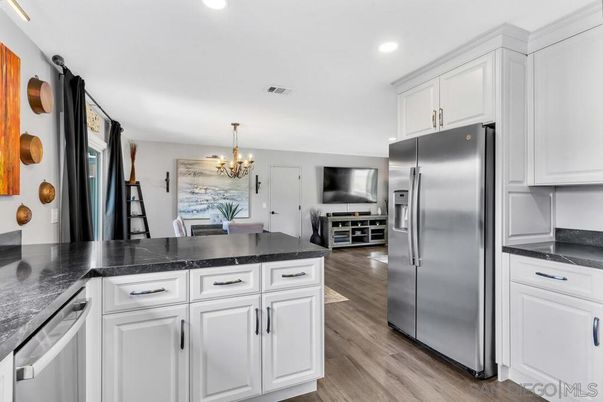 Chandelier, Interior, Kitchen, Recessed Lighting, Stainless Steel Appliances, Wood Texture Flooring