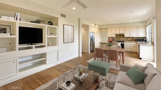 Dining room, Interior, Kitchen, Living room, Recessed Lighting, Stainless Steel Appliances, Wood Texture Flooring
