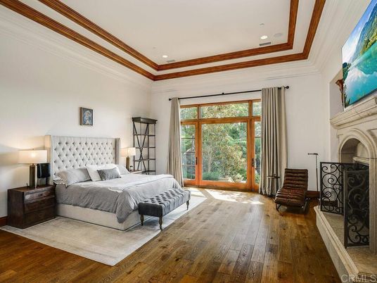Bedroom, Fireplace, Interior, Recessed Lighting, Wood Texture Flooring