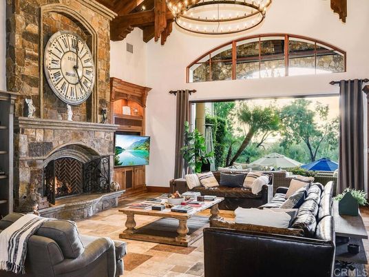Chandelier, Fireplace, Interior, Living room, Wooden Beams