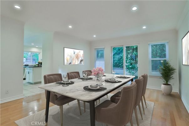 Dining room, Interior, Recessed Lighting, Wood Texture Flooring