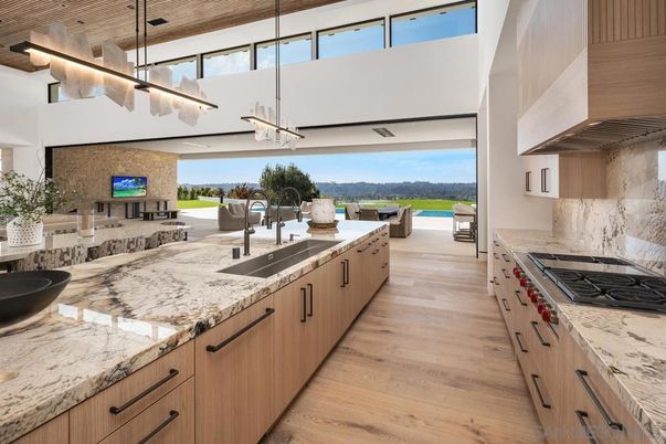 Fireplace, Interior, Kitchen, Pendant Lights, Stone Walls, Wood Texture Flooring