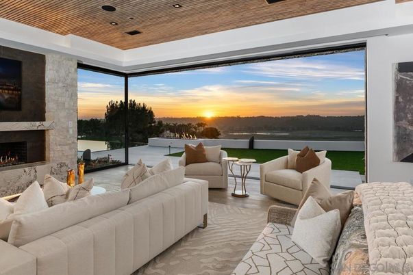 Fireplace, Interior, Living room, Recessed Lighting, Water, Wooden Ceilings
