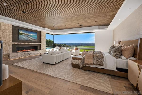 Bedroom, Fireplace, Interior, Recessed Lighting, Wooden Ceilings, Wood Texture Flooring