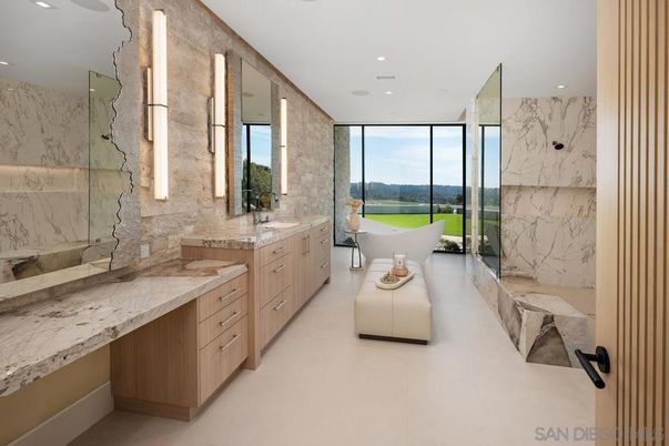 Bathroom, Dual Sink Vanities, Free Standing Baths, Glass Shower, Interior, Marble Walls, Recessed Lighting