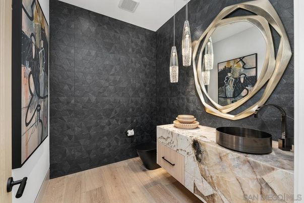 Bathroom, Interior, Pendant Lights, Wood Texture Flooring