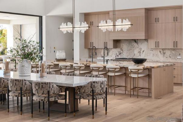 Interior, Kitchen, Marble Walls, Pendant Lights, Wood Texture Flooring