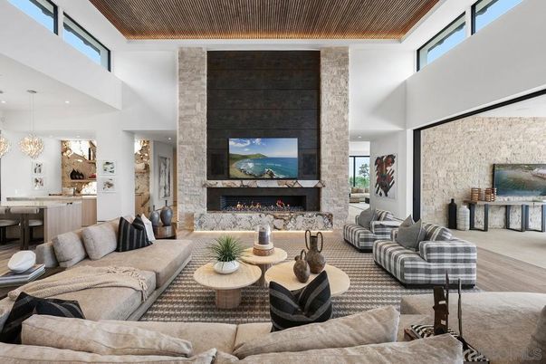Fireplace, Interior, Living room, Pendant Lights, Recessed Lighting, Stone Walls, Wood Texture Flooring