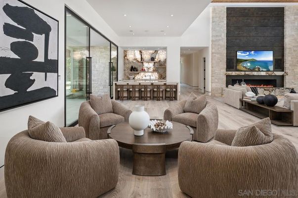 Fireplace, Interior, Living room, Recessed Lighting, Stone Walls, Wood Texture Flooring
